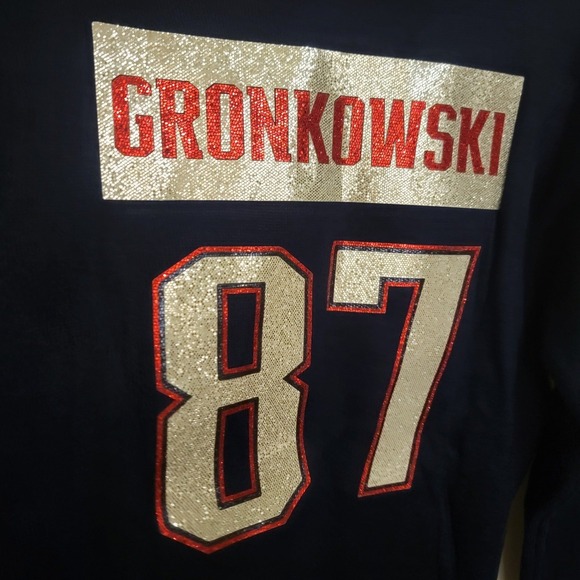 NFL Team Apparel Patriots Gronkowski Christmas Sweater Sequin Football LG NEW - Picture 3 of 9